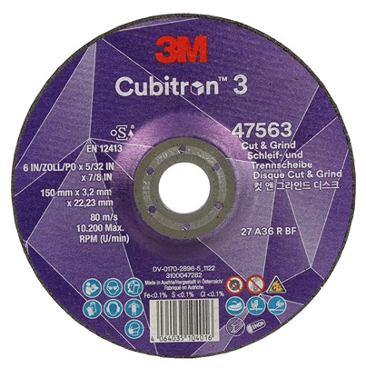 3M 47563 Ceramic Cutting Disc, 150mm x 3.2mm Thick, 36+ Grade, 10 in pack