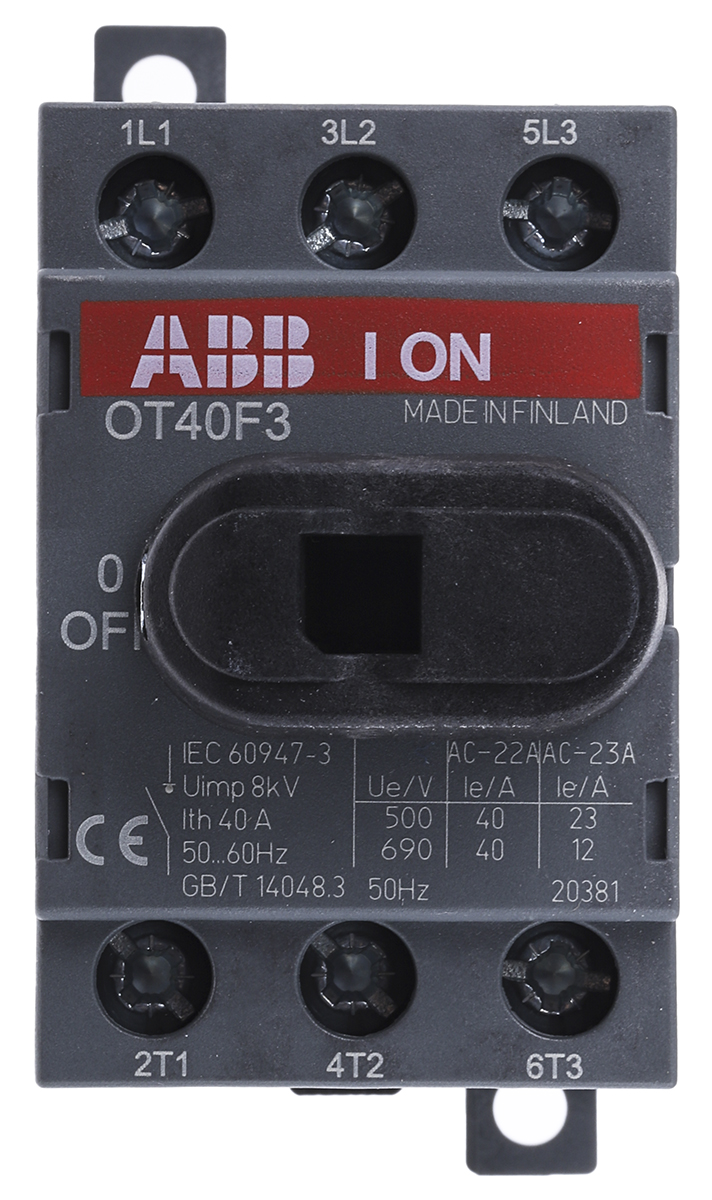 ABB 3P Pole DIN Rail Non Fused Isolator Switch - 40A Maximum Current, 11kW Power Rating, IP20