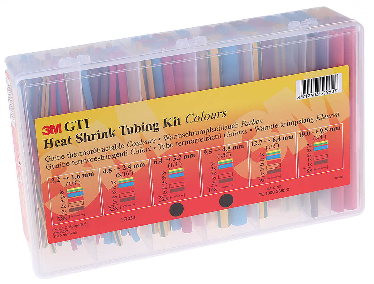 3M Halogen Free Heat Shrink Tubing, Black, Blue, Brown, Clear, Green, Grey, Red, White, Yellow x 150mm Length 2:1