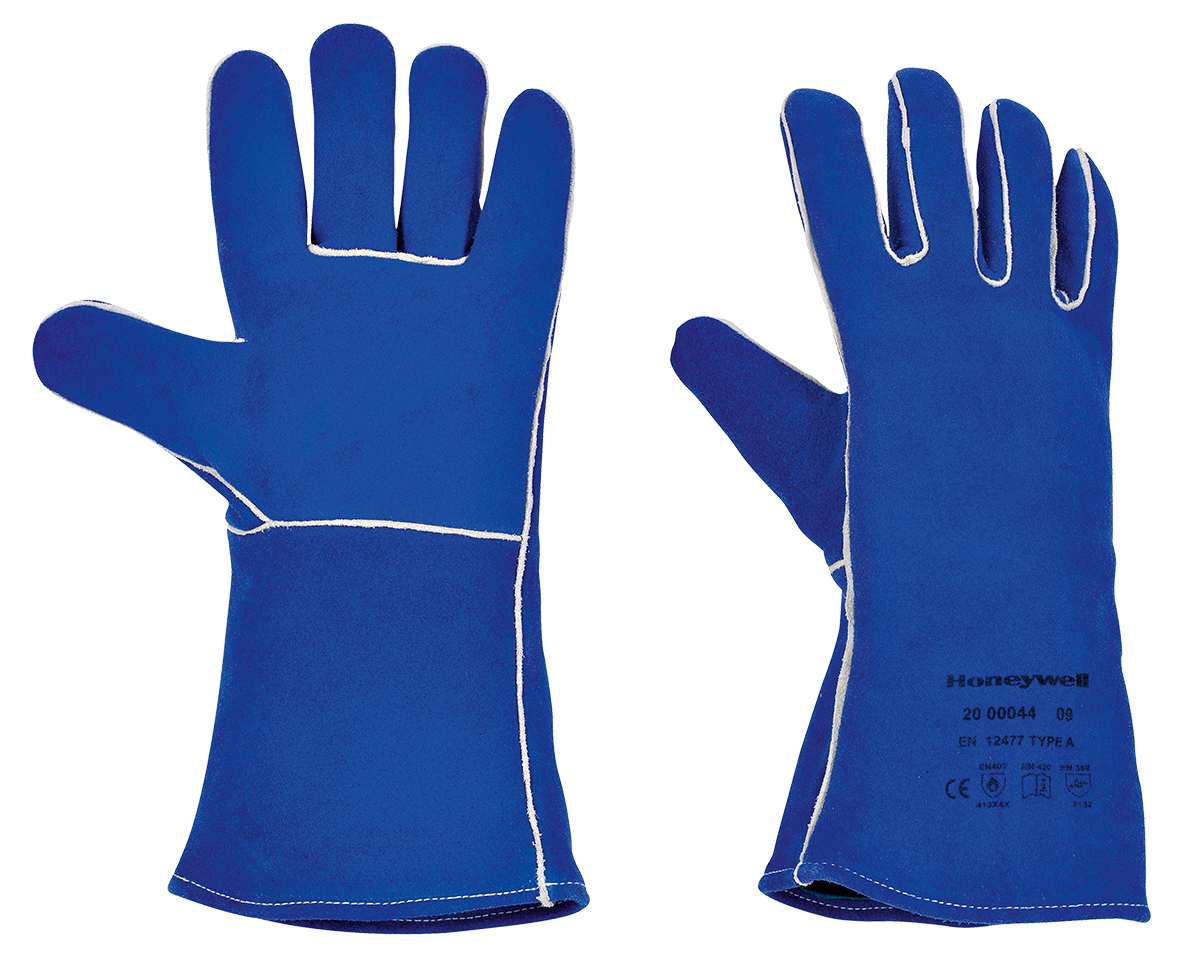 Honeywell Safety Welder Blue HR Blue Cotton Fleece Cowhide Split Leather Welding Gloves, Size 9, Leather Coating