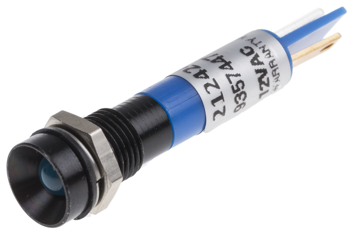 RS PRO Blue Panel Mount Indicator, 12V, 8mm Mounting Hole Size, Solder Tab Termination, IP67