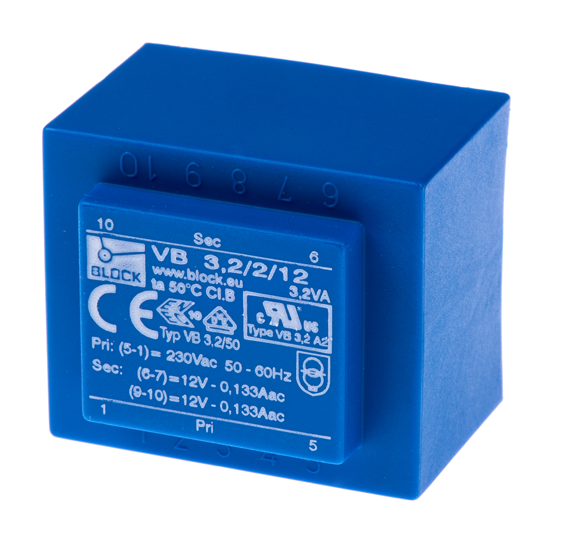 Block 12V ac 2 Output Through Hole PCB Transformer, 3.2VA