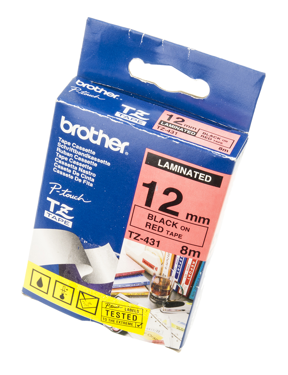 Brother Black on Red Label Printer Tape, 8 m Length, 12 mm Width