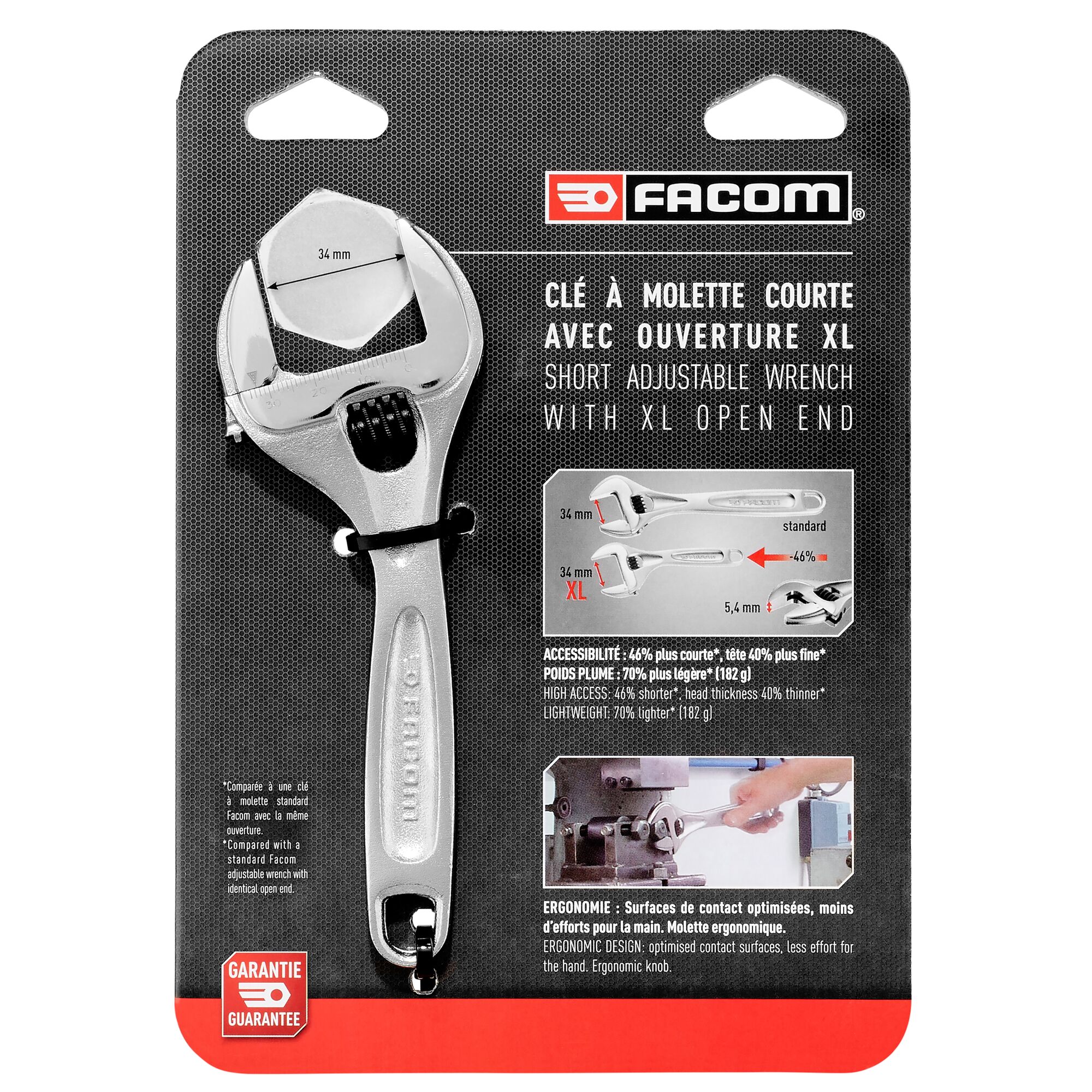 Facom Adjustable Spanner, 160 mm Overall, 33mm Jaw Capacity, Metal Handle
