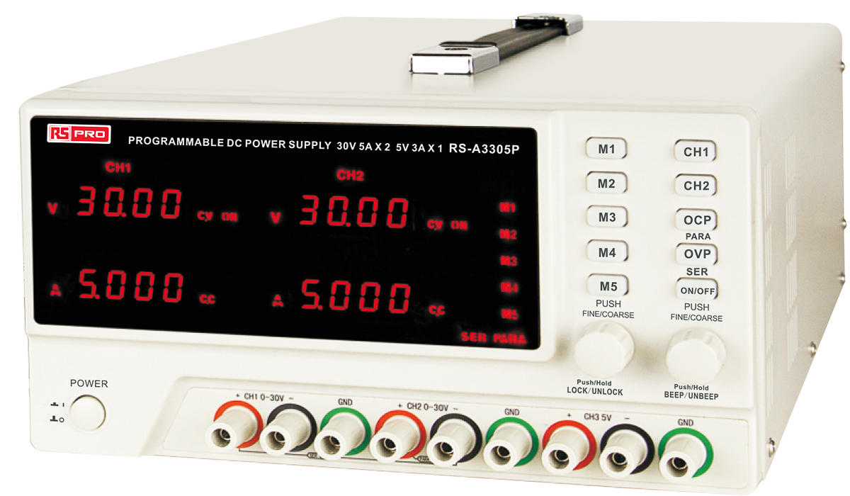 RS PRO Digital Bench Power Supply, 0 → 30V, 0 → 5 (Adjustable) A, 3 (Fixed) A, 3-Output - UKAS Calibrated