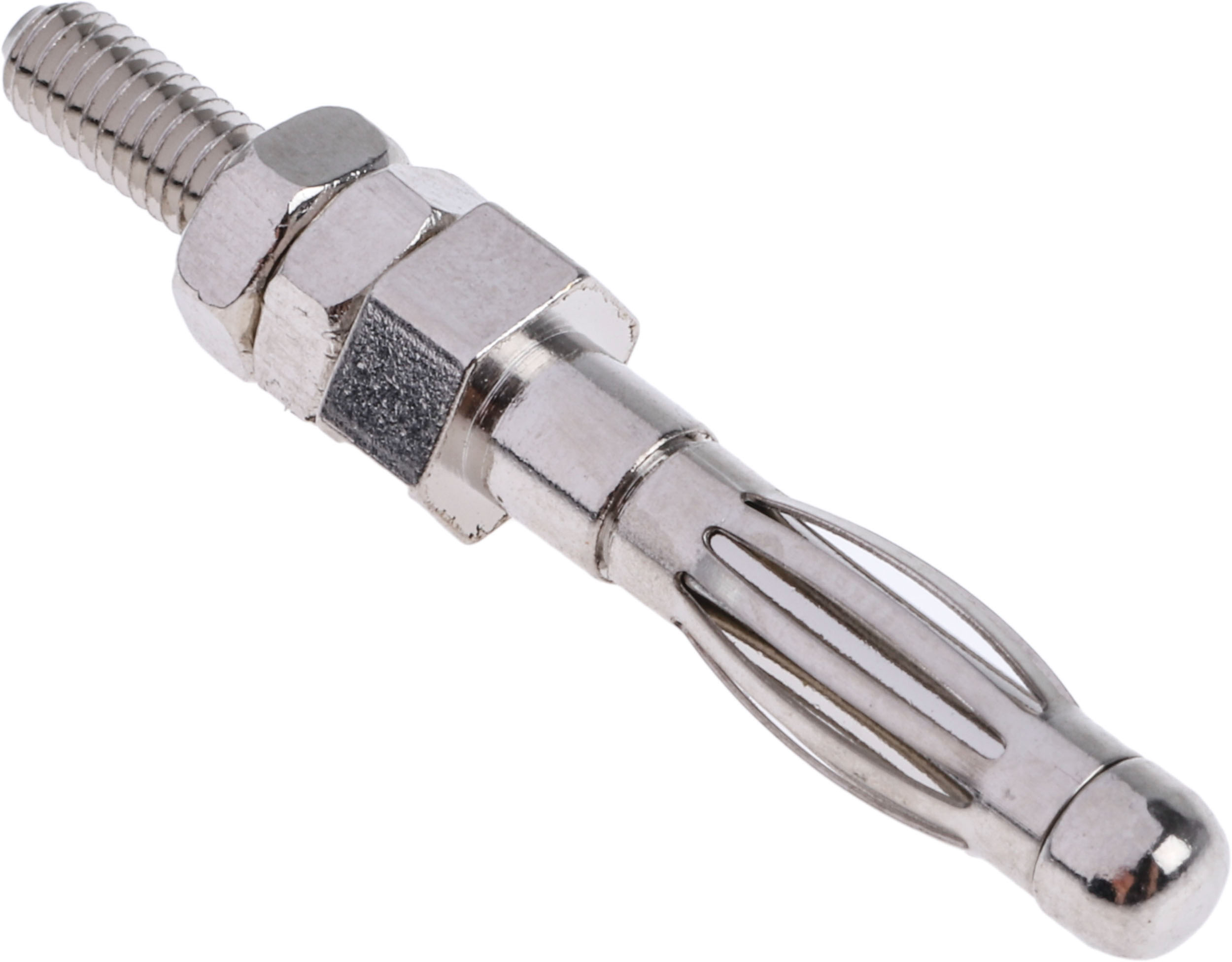 Mueller Electric Silver Male Banana Plug, 4 mm Connector, M3 Stud Termination, 36A, 5000V, Nickel Plating