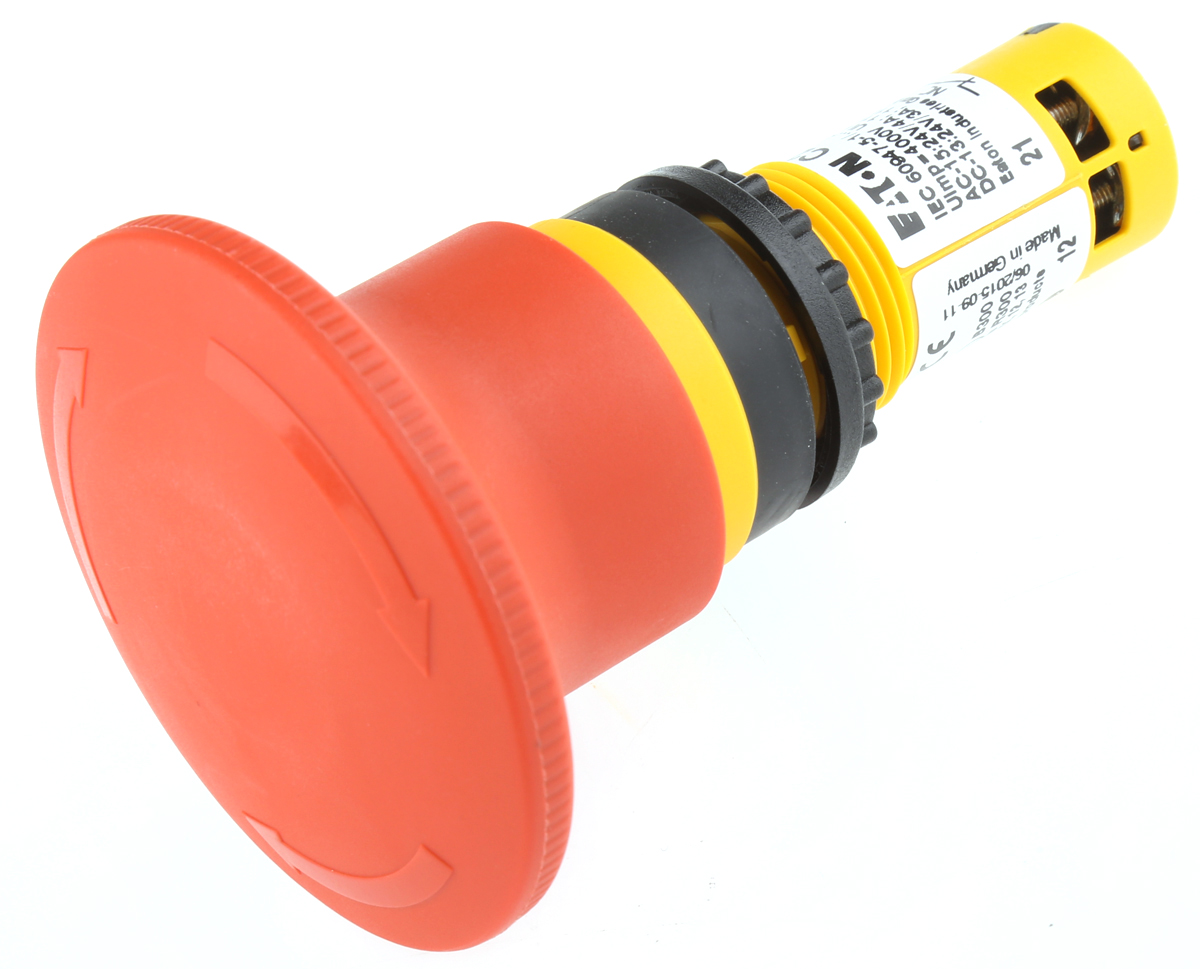 Eaton C22-PVT Series Twist Release Emergency Stop Push Button, Panel Mount, 22mm Cutout, 2NC