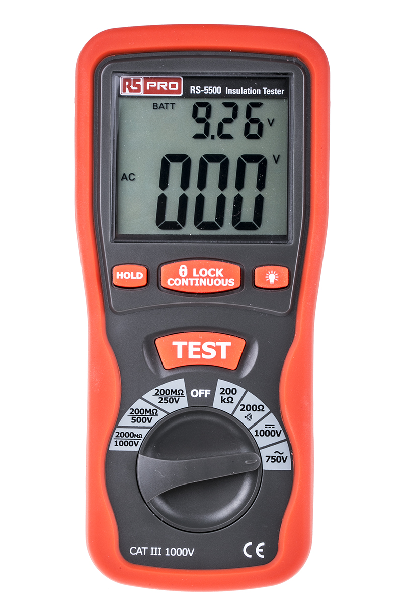 RS PRO RS5500 Insulation Tester, 250V Min, 1000V Max, 2000MΩ Max, CAT III 1000V - UKAS Calibration