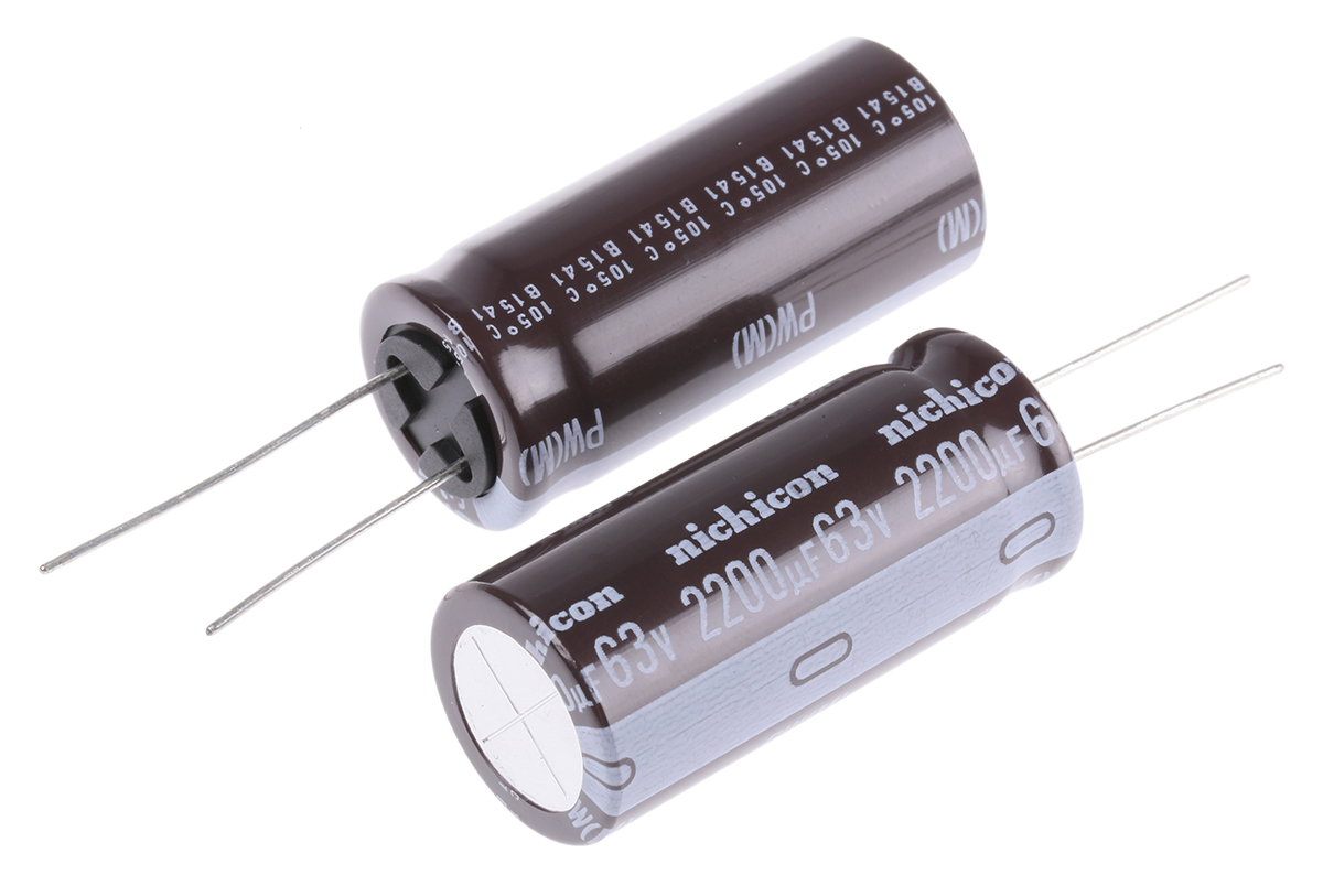 Nichicon 2200μF Aluminium Electrolytic Capacitor 63V dc, Radial, Through Hole - UPW1J222MHD