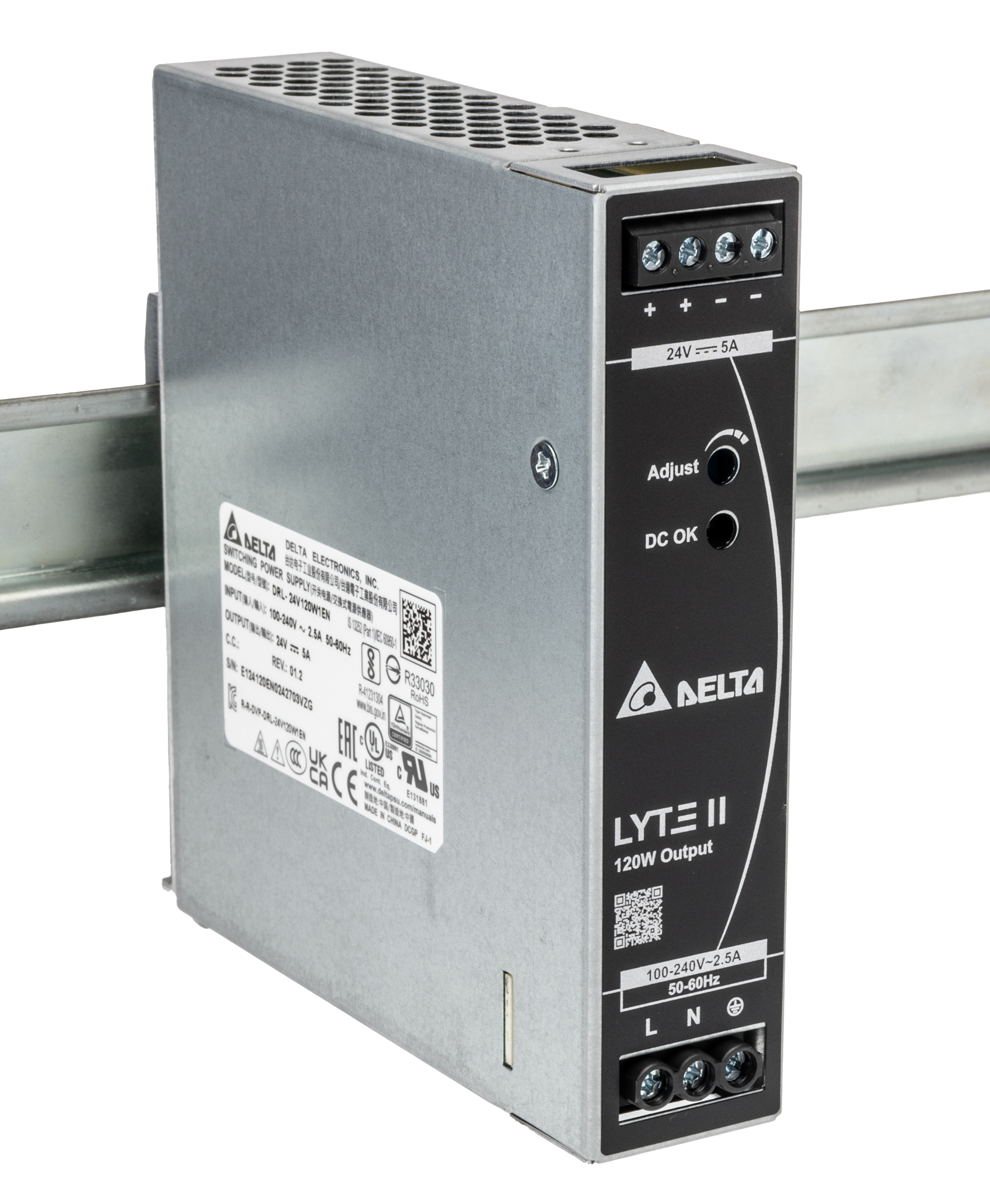 Delta Electronics DRL Switched Mode DIN Rail Power Supply, 90 → 264V ac ac Input, 24V dc dc Output, 5A Output,