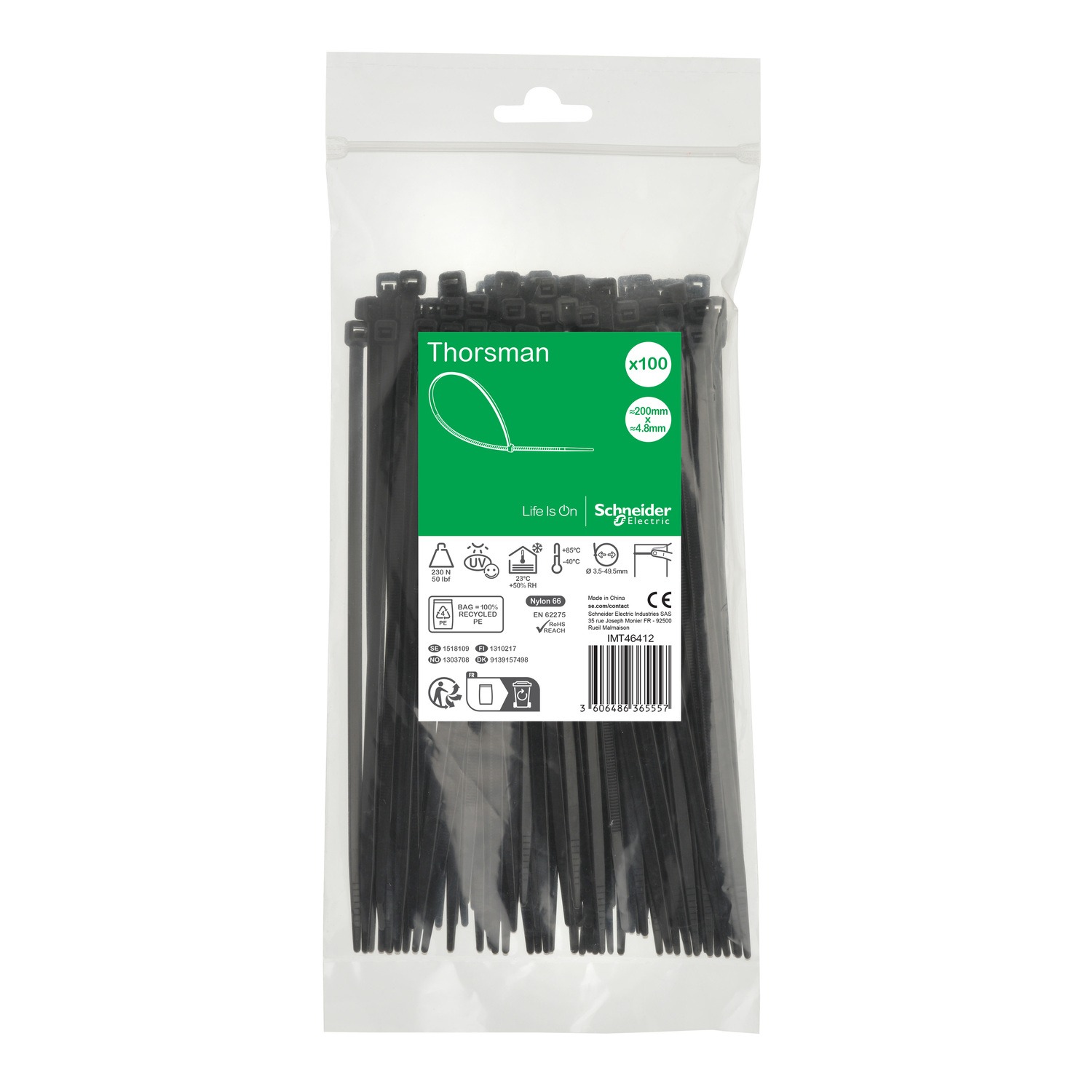 Schneider Electric Cable Tie, , 200mm x 4.8 mm, Black Nylon, Pk-1