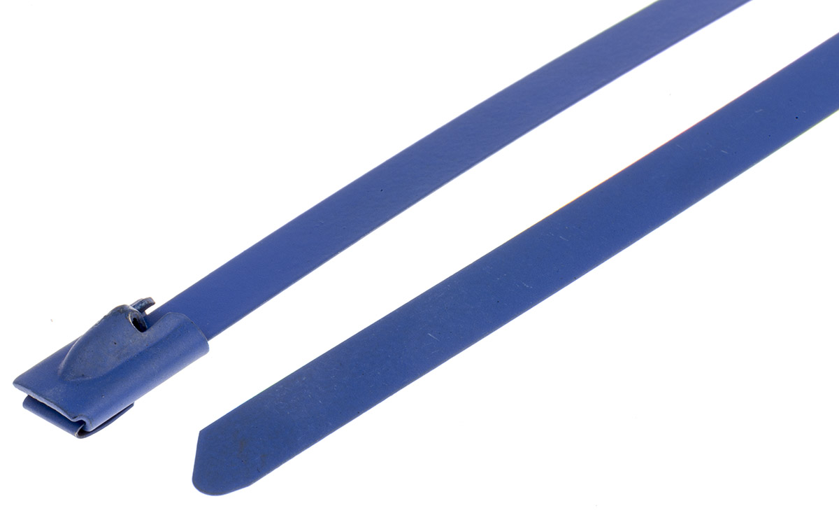 RS PRO Cable Tie, Roller Ball, 125mm x 4.6 mm, Blue Polyester Coated Stainless Steel, Pk-100