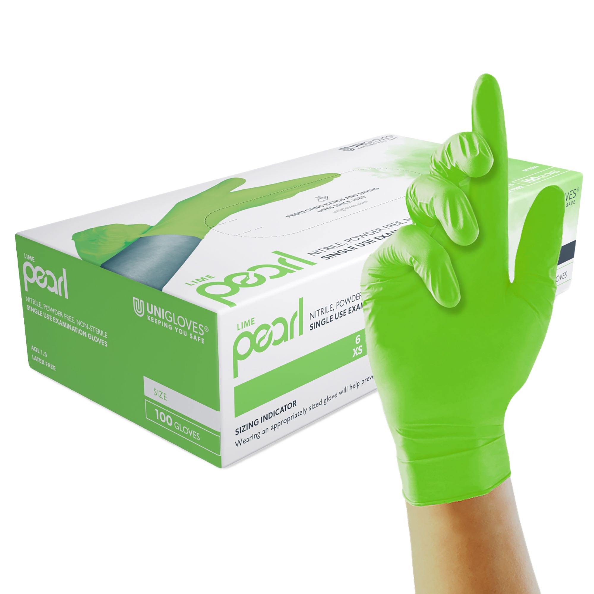 Unigloves Pearl GP Green Powder-Free Nitrile Disposable Gloves, Size Extra Small, 100Gloves per Pack