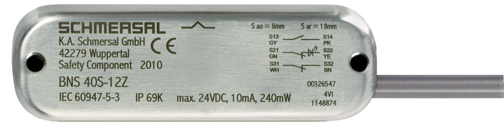 Schmersal BNS 40S Series Non-Flush Magnetic Safety Switch, Stainless Steel Housing, NO/2NC, 5m Cable
