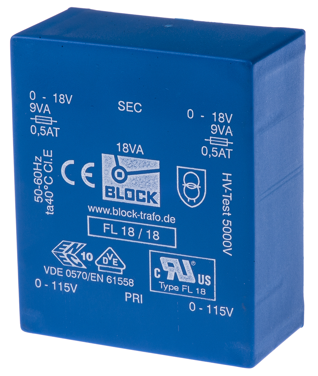 Block 18V ac 2 Output Through Hole PCB Transformer, 18VA