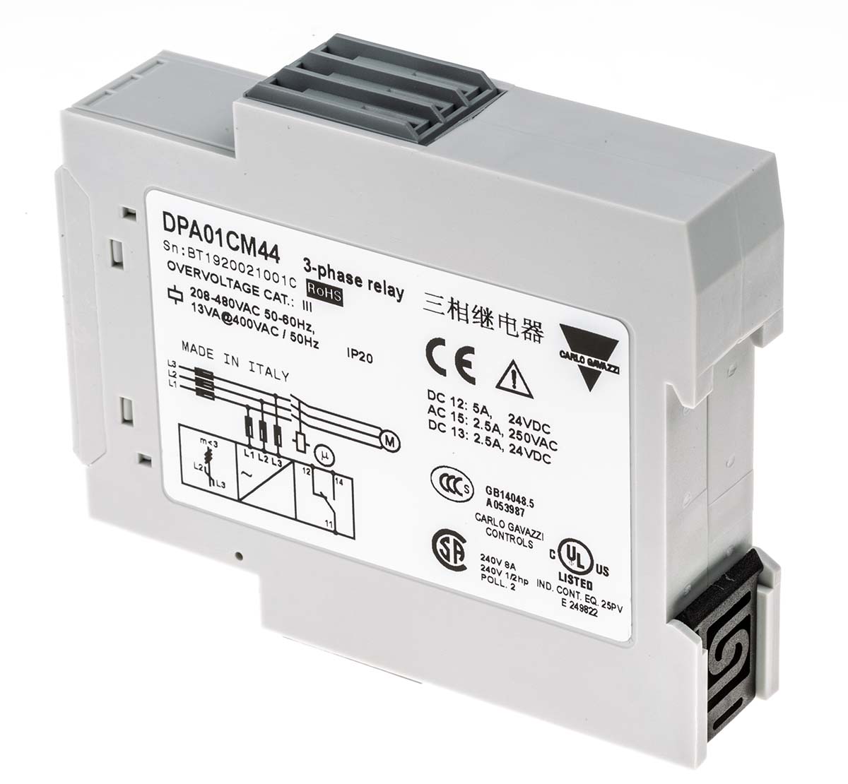 Carlo Gavazzi Phase, Voltage Monitoring Relay, 3 Phase, SPDT, 177 → 550V ac, Plug In