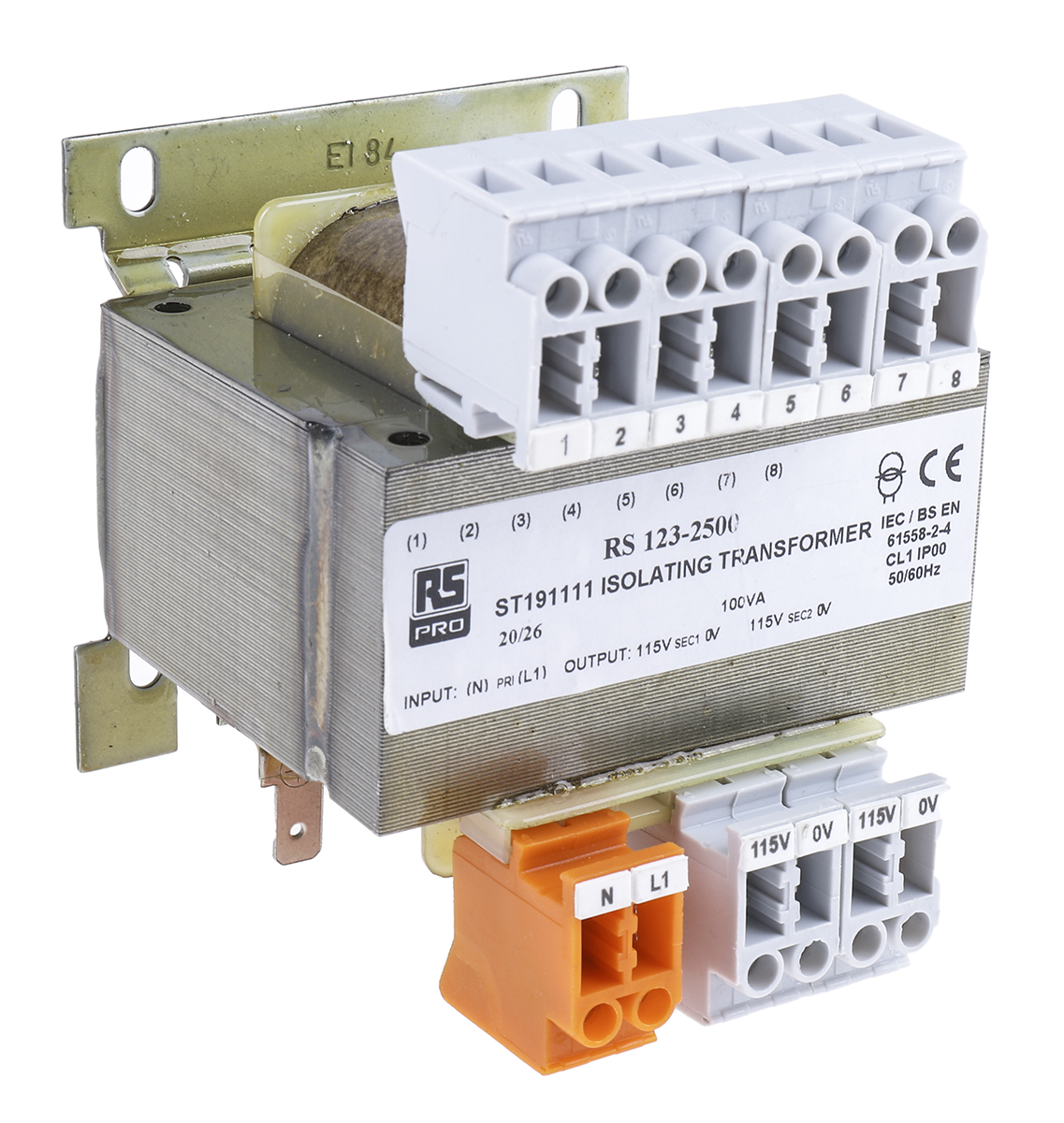 RS PRO 100VA DIN Rail Transformer, 208V ac Primary, 2 x 115V Secondary