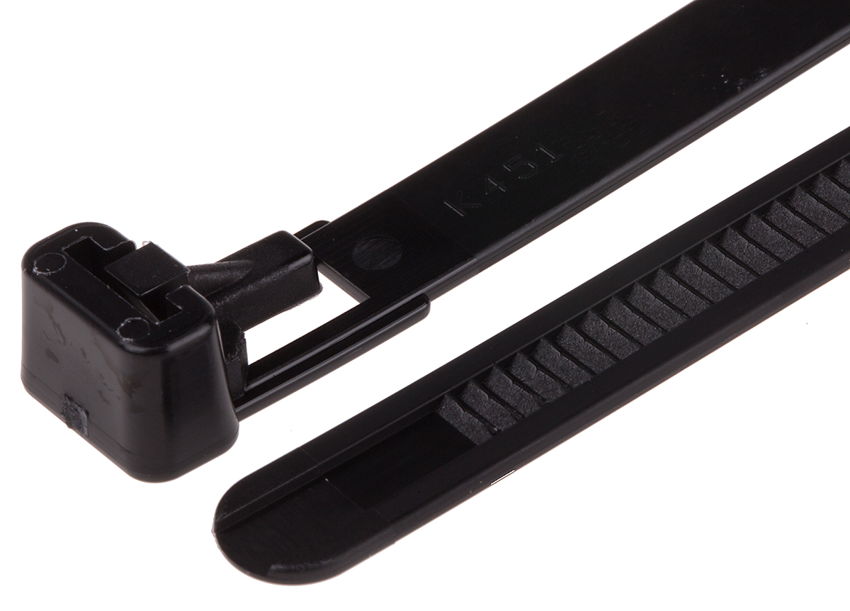 RS PRO Cable Tie, Releasable, 150mm x 7.6 mm, Black Nylon, Pk-100