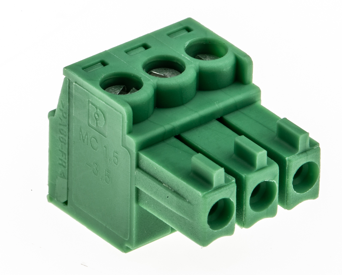 Phoenix Contact, 3.5mm Pitch, MC 1.5/ 3-ST-3.5, 3 Way, , Pluggable Terminal Block, Plug, Cable Mount, Screw