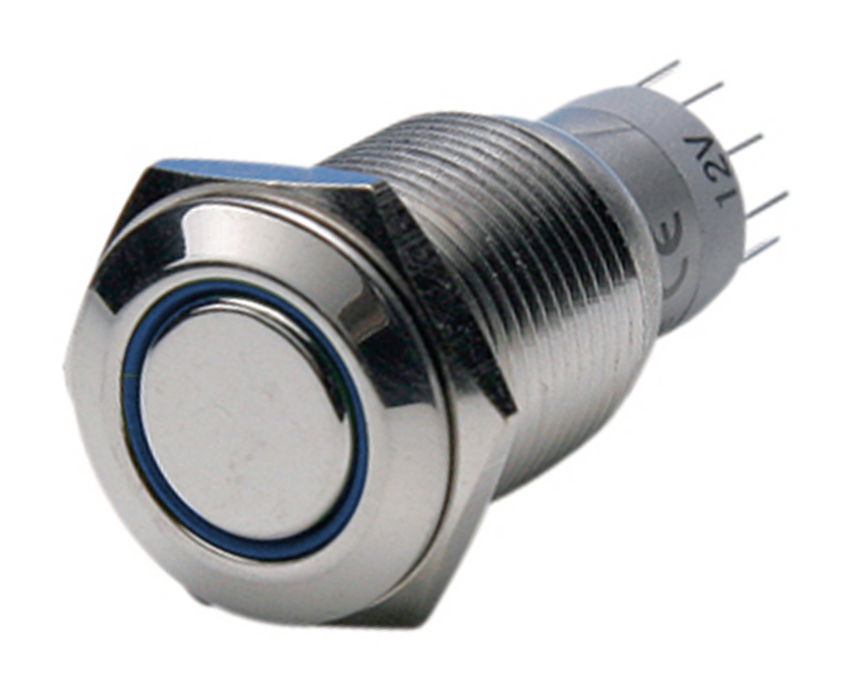 Bulgin MP0045 Series Illuminated Push Button Switch, Latching, Panel Mount, 16.2mm Cutout, DPDT, Blue LED, 50V