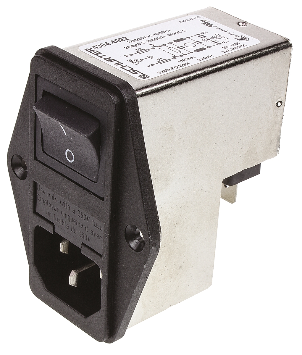 Schurter 2A, 250 V ac Male Panel Mount Filtered IEC Connector 4304.4022, Solder