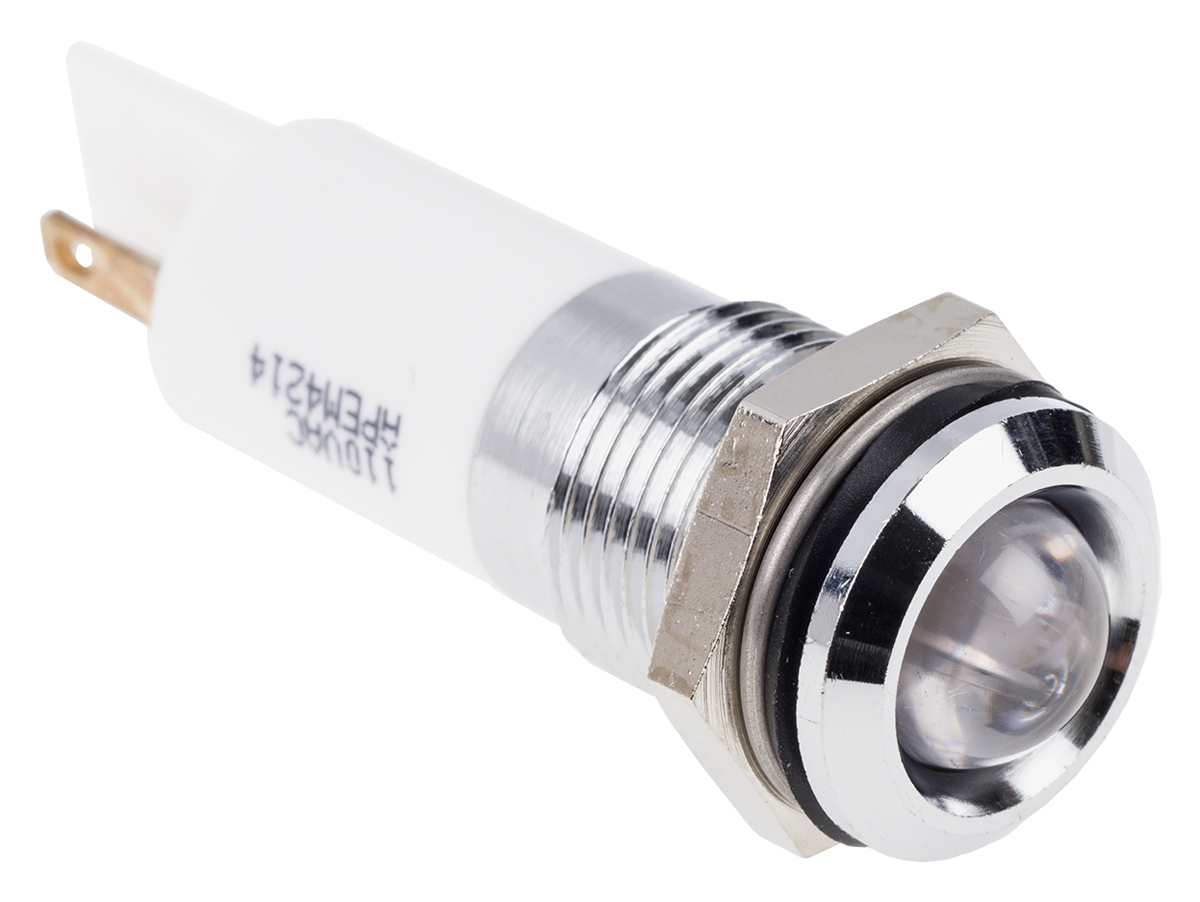 RS PRO White Panel Mount Indicator, 110V ac, 14mm Mounting Hole Size, Faston, Solder Lug Termination, IP67