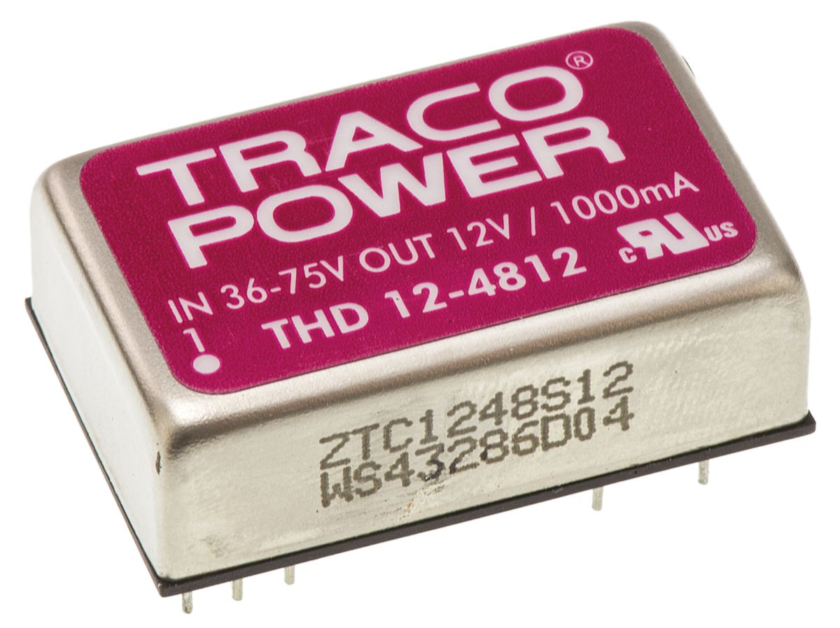 TRACOPOWER THD 12 DC-DC Converter, 12V dc/ 1A Output, 36 → 75 V dc Input, 12W, Through Hole, +85°C Max Temp