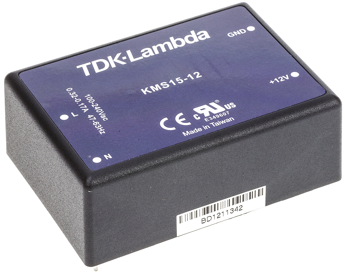 TDK-Lambda Switching Power Supply, KMS15-12, 12V dc, 1.25A, 15W, 1 Output, 100 → 375 V dc, 90 → 264 V ac