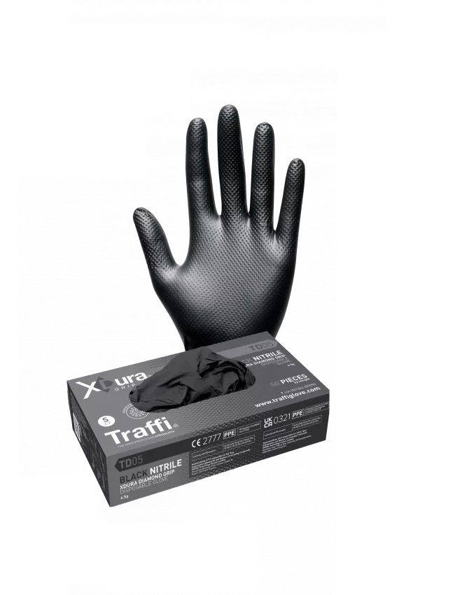 Traffi TD05 Black Powder-Free Nitrile Disposable Gloves, Size L, 50Pair per Pack