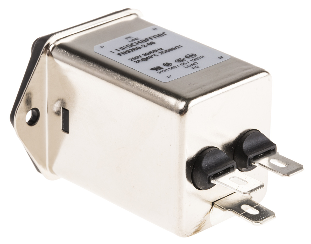 Schaffner 2A, 250 V ac Male Panel Mount IEC Inlet Filter FN9260-2-06, Faston 1 Fuse
