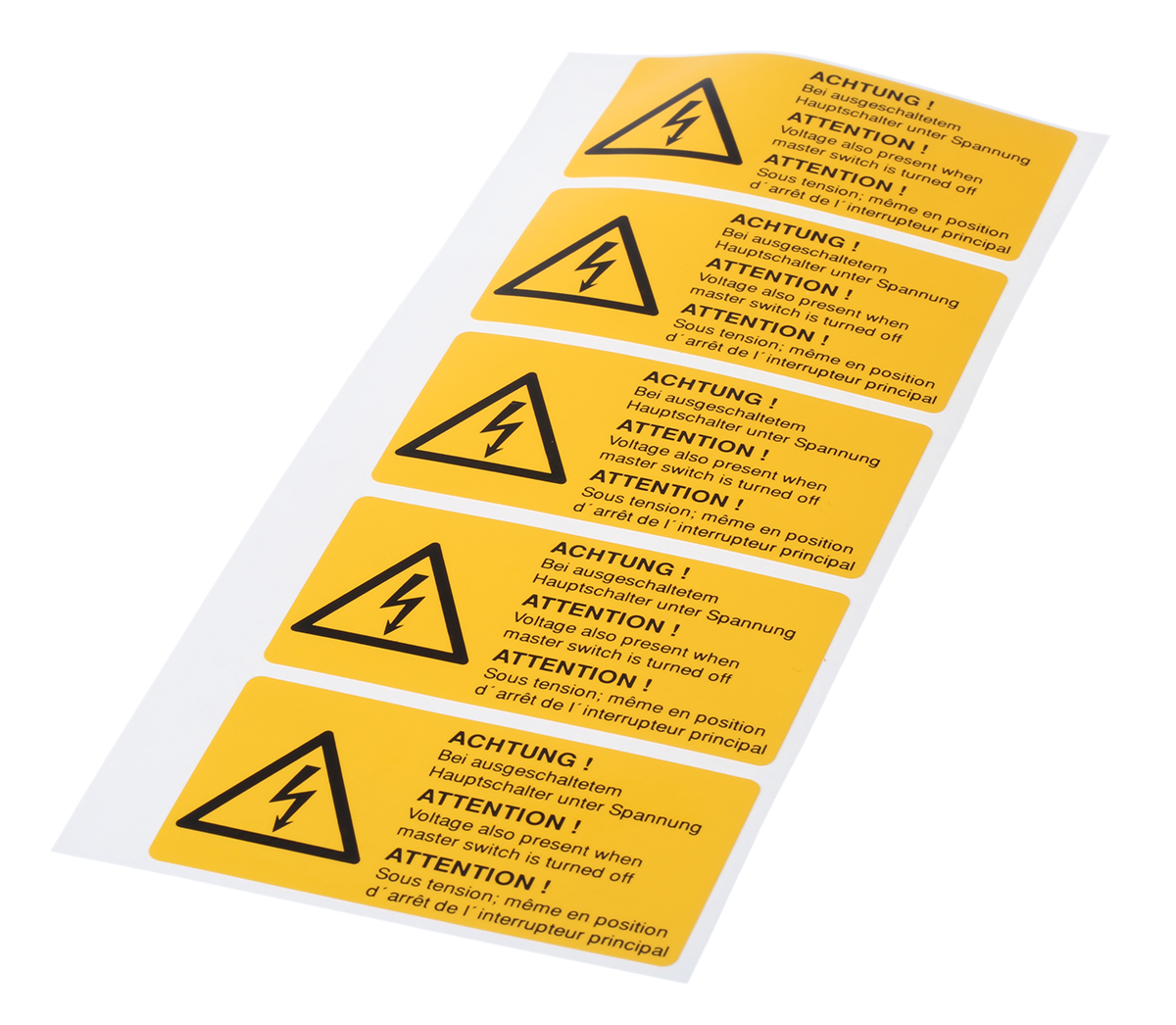 Idento Yellow PVC Safety Labels, ACHTUNG! Bei ausgeschaltetem Hauptschalter unter Spannung; ATTENTION! Voltage also