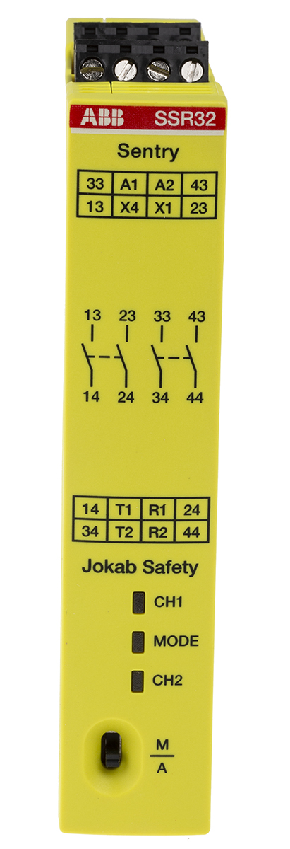 ABB Jokab Sentry SSR32 4 Auxiliary Contacts Safety Relay 24V dc, Dual-Channel 4 Safety Contacts