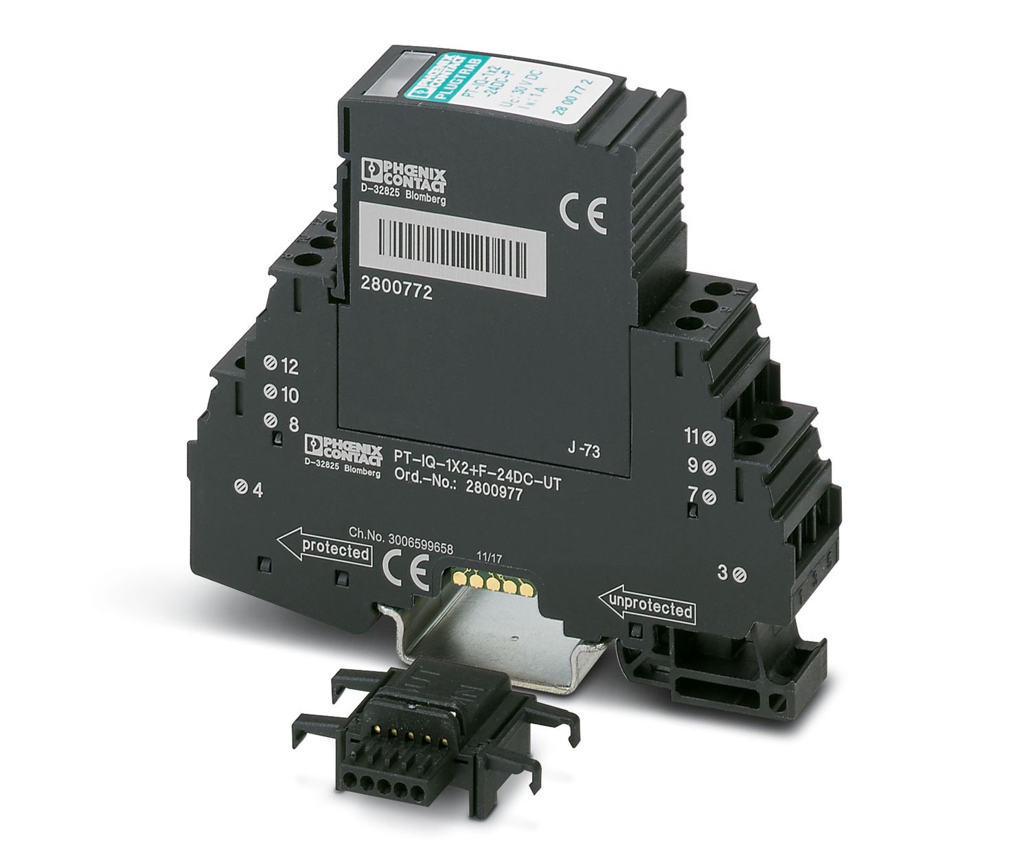 Phoenix Contact, PT-IQ-1X2+F-24DC-UT Modular Surge Protector 21 V ac, 30 V dc Maximum Voltage Rating 10kA Maximum Surge