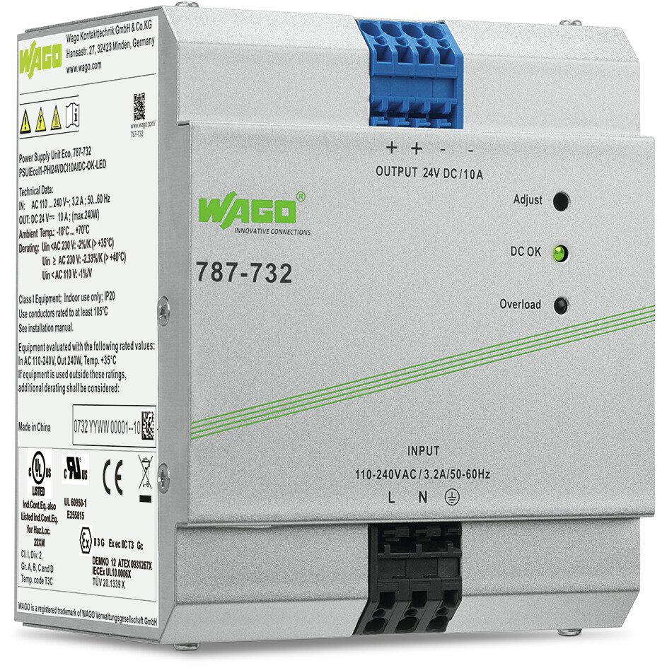 WAGO 787 Switched Mode DIN Rail Power Supply, 230V ac, dc Input, 24V dc dc Output, 10A Output, 240W