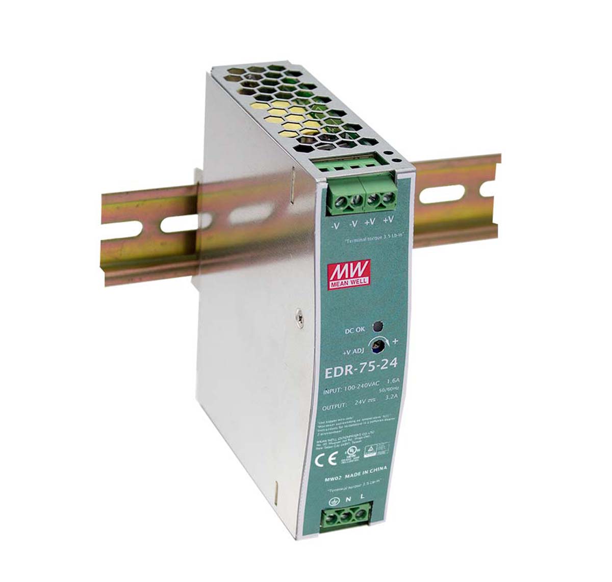 MEAN WELL EDR Switched Mode DIN Rail Power Supply, 90 → 264V ac ac Input, 24V dc dc Output, 3.2A Output, 75W