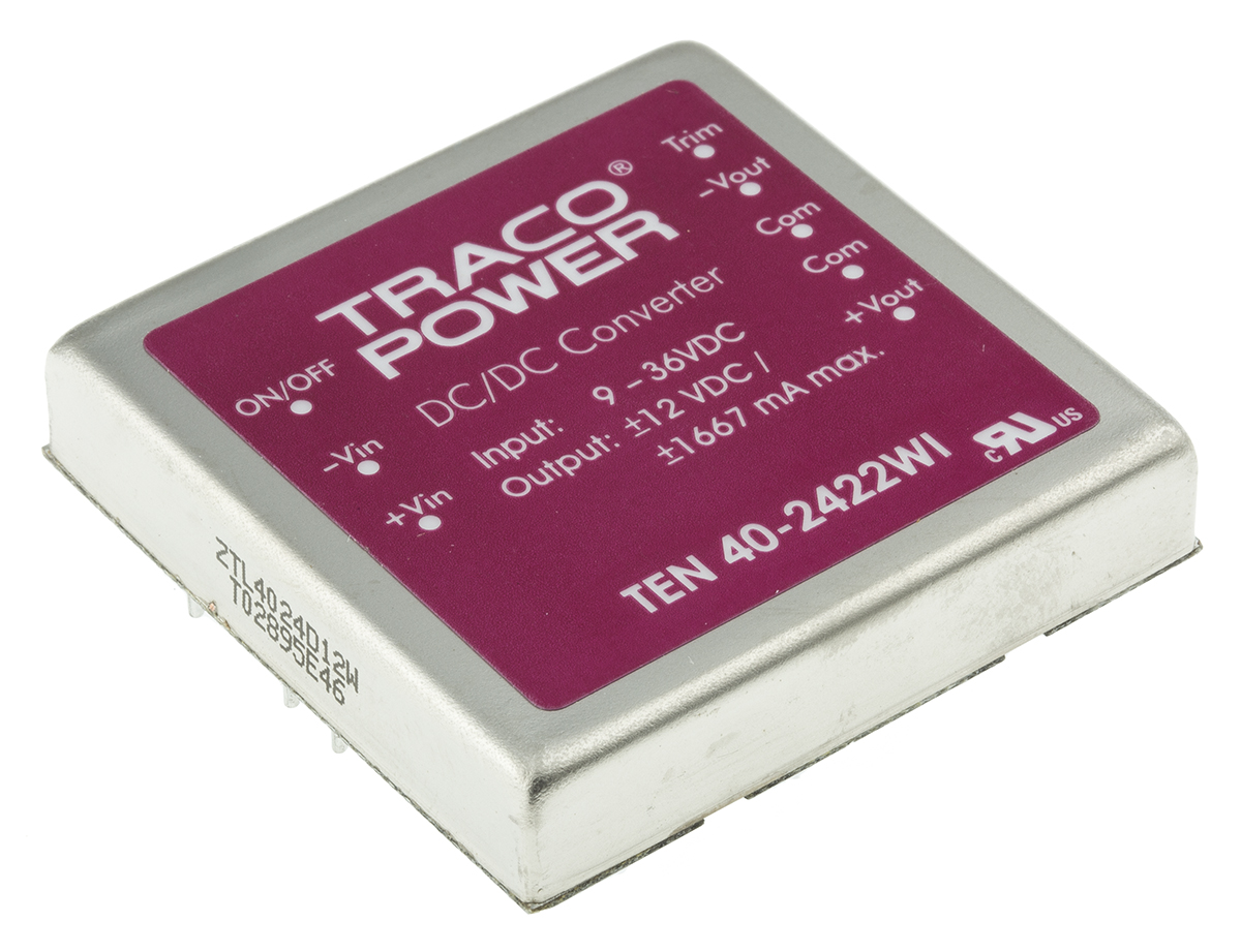 TRACOPOWER TEN 40WI DC-DC Converter, ±12V dc/ ±1.65A Output, 9 → 36 V dc Input, 40W, Through Hole, +85°C Max