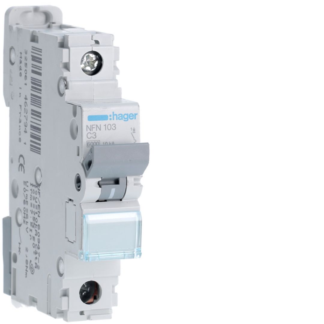 Hager NFN MCB, 1P, 3A, 230V AC, 10 kA Breaking Capacity