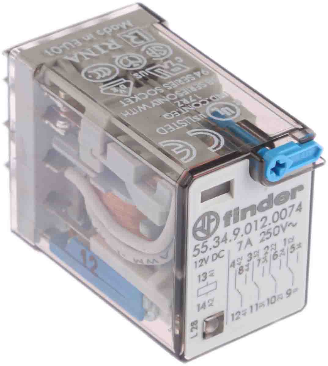 Finder Plug In Power Relay, 12V dc Coil, 7A Switching Current, 4PDT