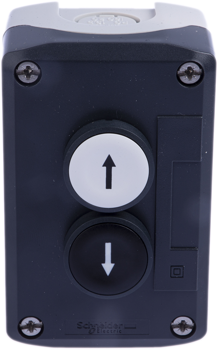 Schneider Electric Spring Return Enclosed Push Button, Polycarbonate, 1 Cutouts, Black/White, Down Arrow, Up Arrow,