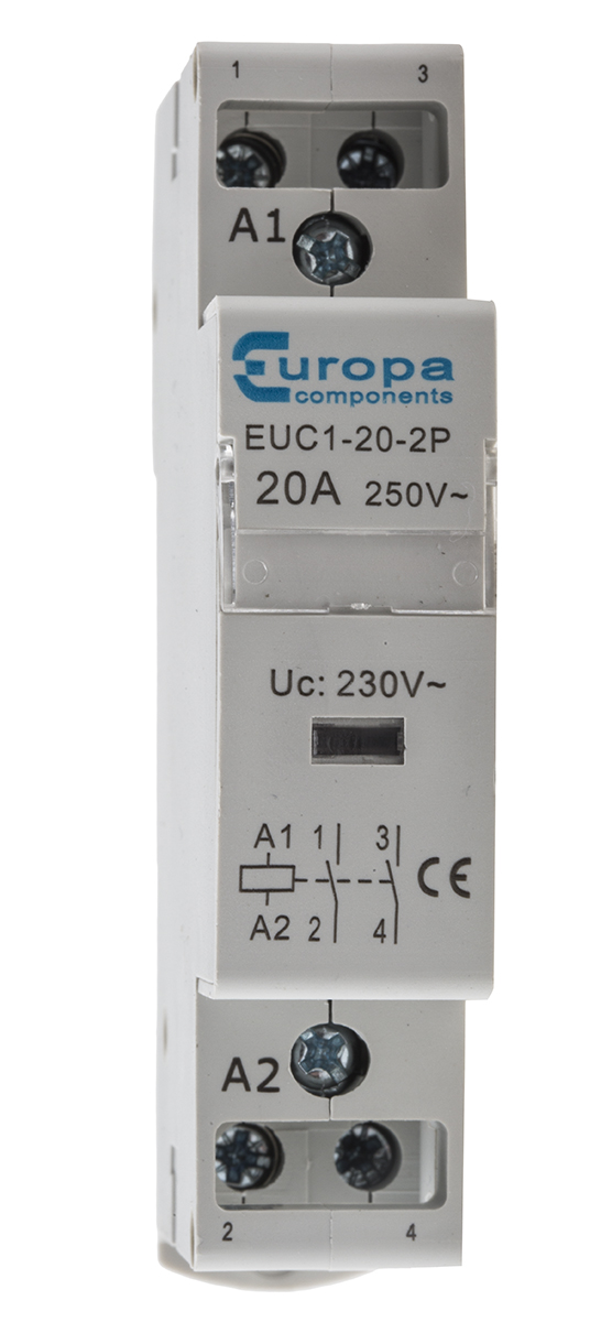 Europa EUC1 Contactor, 230 V ac Coil, 2-Pole, 20 A, 4 kW, 2NO, 240 V ac