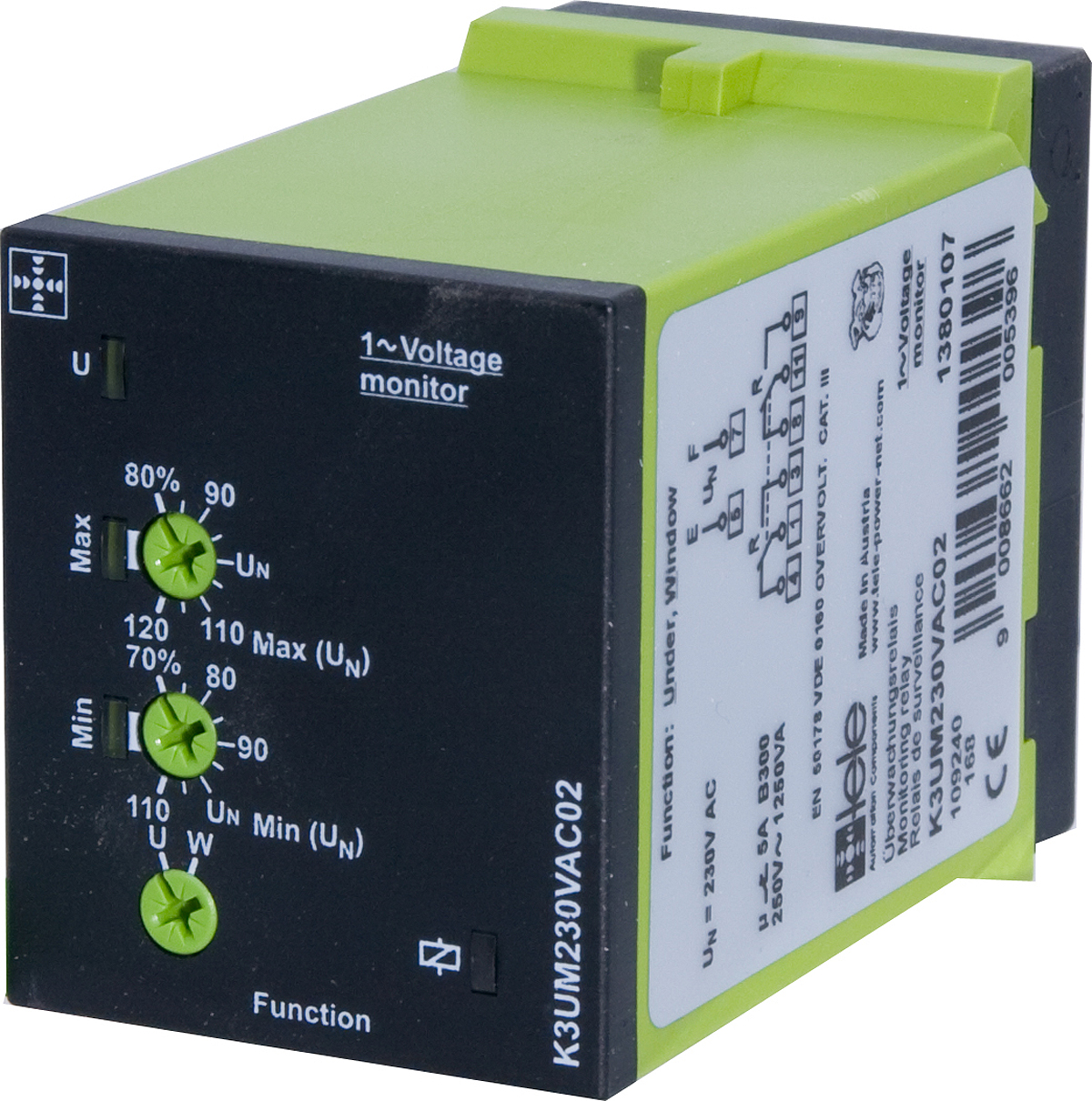 Tele Phase, Voltage Monitoring Relay, 1, 3 Phase, DPDT, Maximum of 400 V, DIN Rail