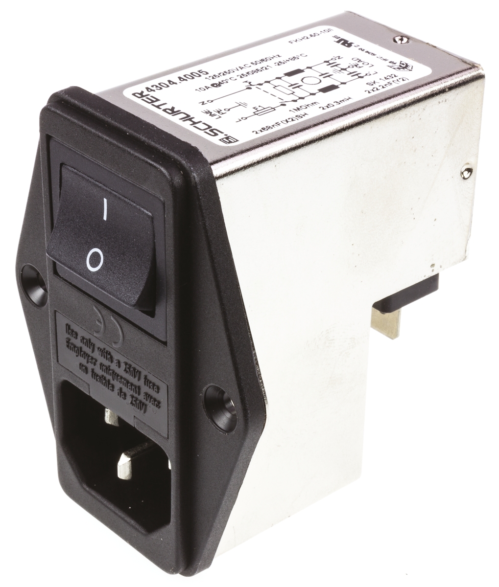 Schurter 10A, 250 V ac Male Panel Mount Filtered IEC Connector 4304.4005 None Fuse