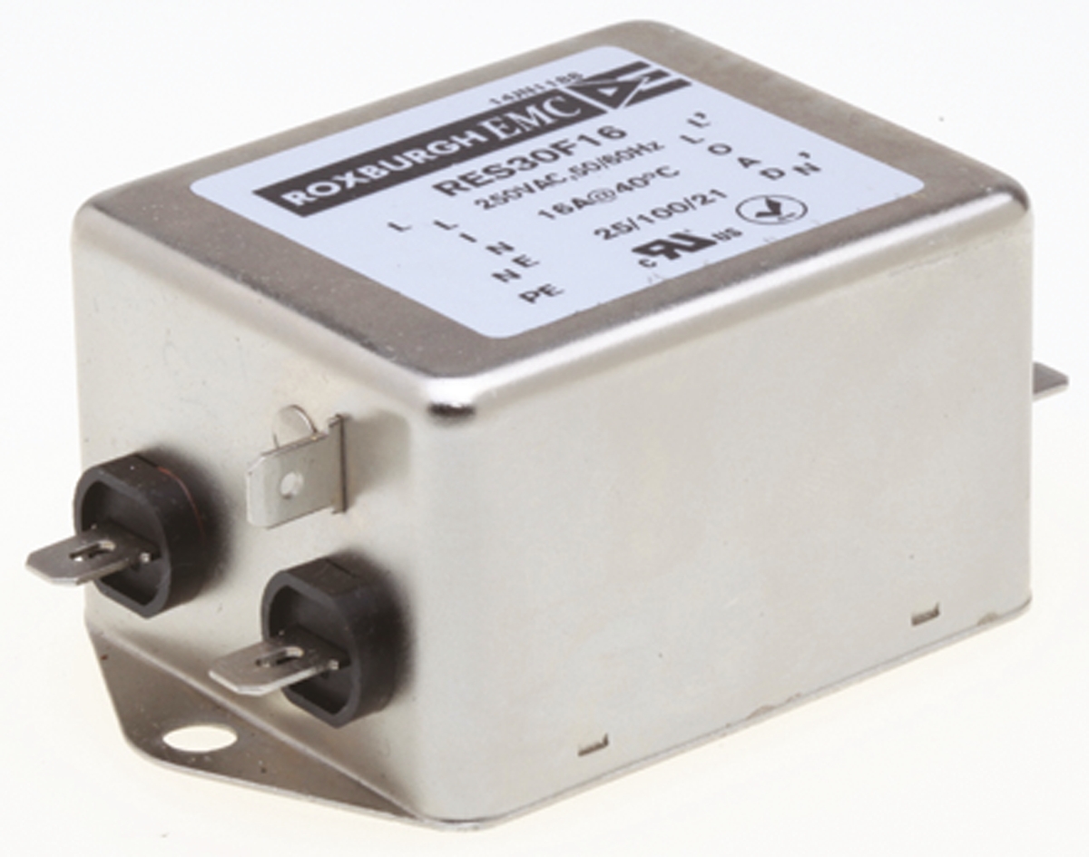Roxburgh EMC, RES30 16A 250 V ac DC → 400Hz, Chassis Mount RFI Filter, Fast-On, Single Phase