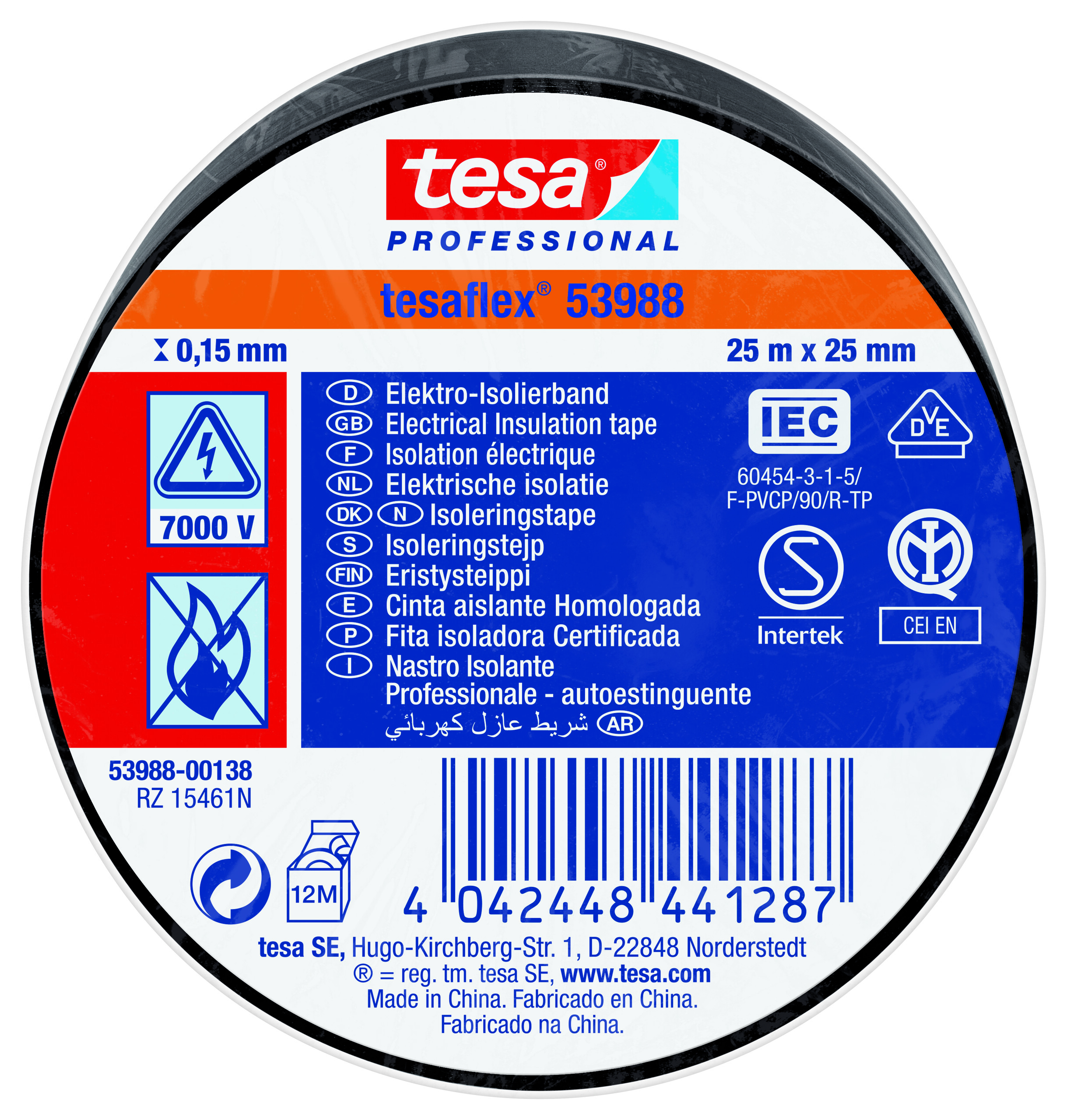 Tesa 53988 Black Soft PVC Electrical Insulation Tape, 25mm x 25m