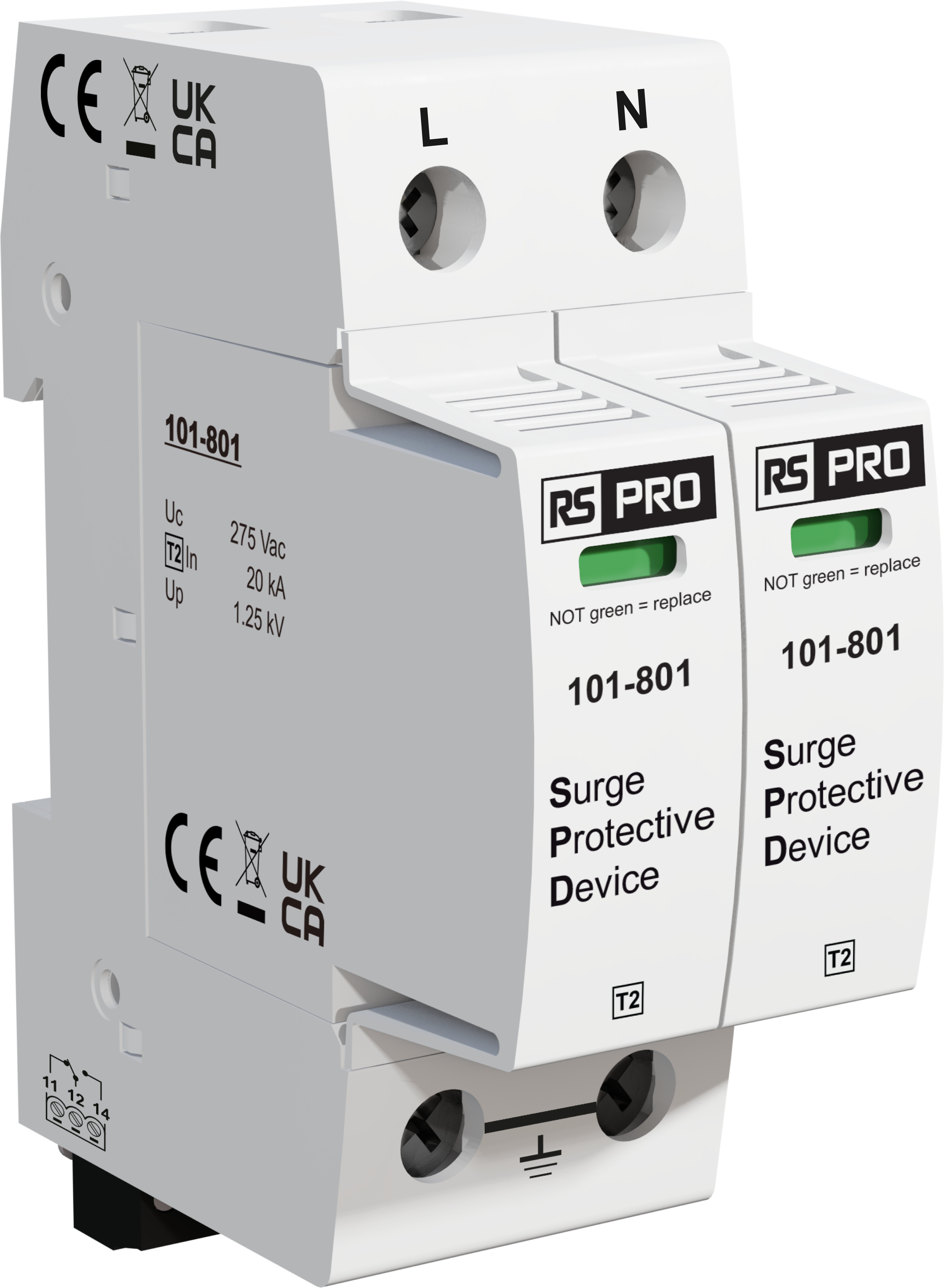 RS PRO Single Phase Industrial Surge Protector, 50kA, 1.25kV, DIN Rail Mount