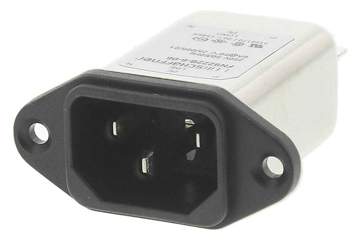 Schaffner 6A, 250 V ac Male Panel Mount IEC Inlet Filter FN9222B-6-06, Faston None Fuse