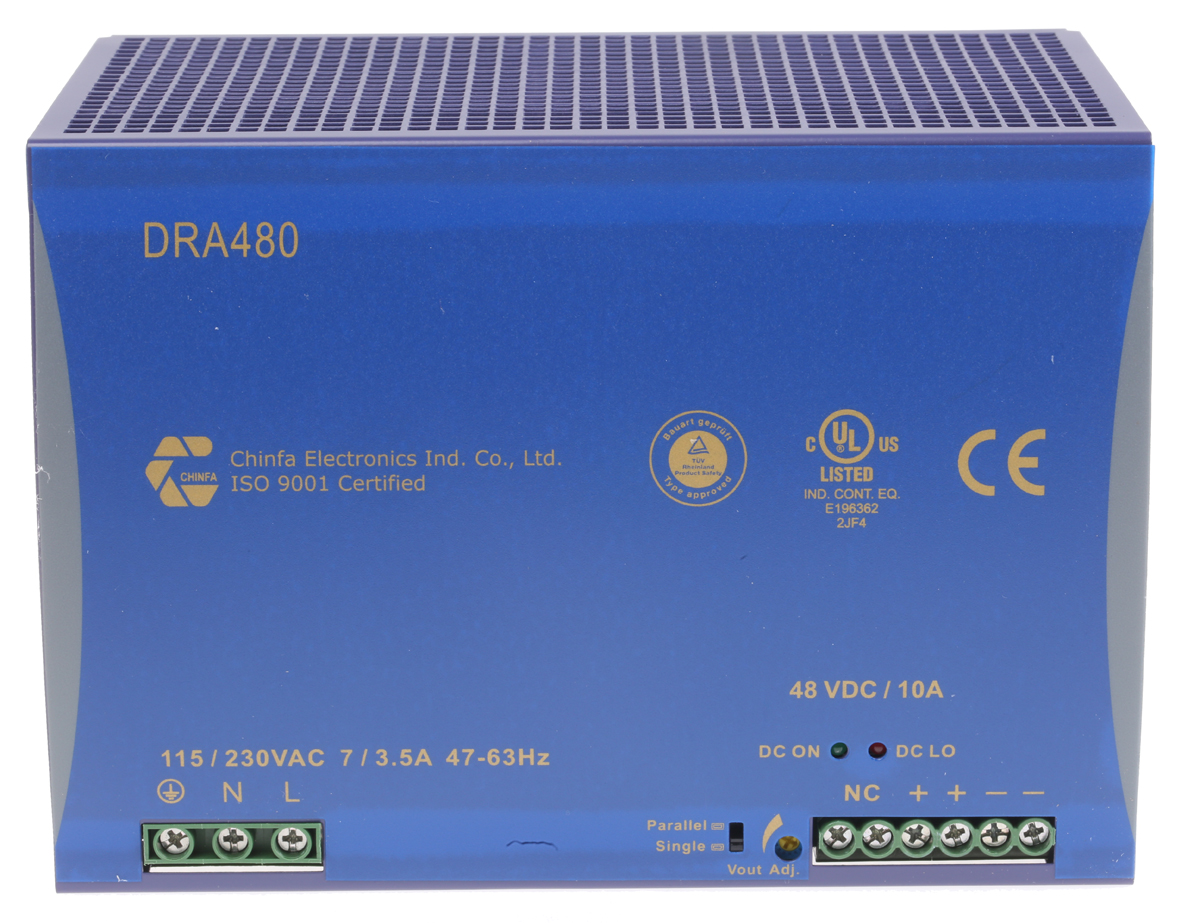Chinfa DRA480 Switched Mode DIN Rail Power Supply, 90 → 264V ac ac Input, 48V dc dc Output, 10A Output, 480W