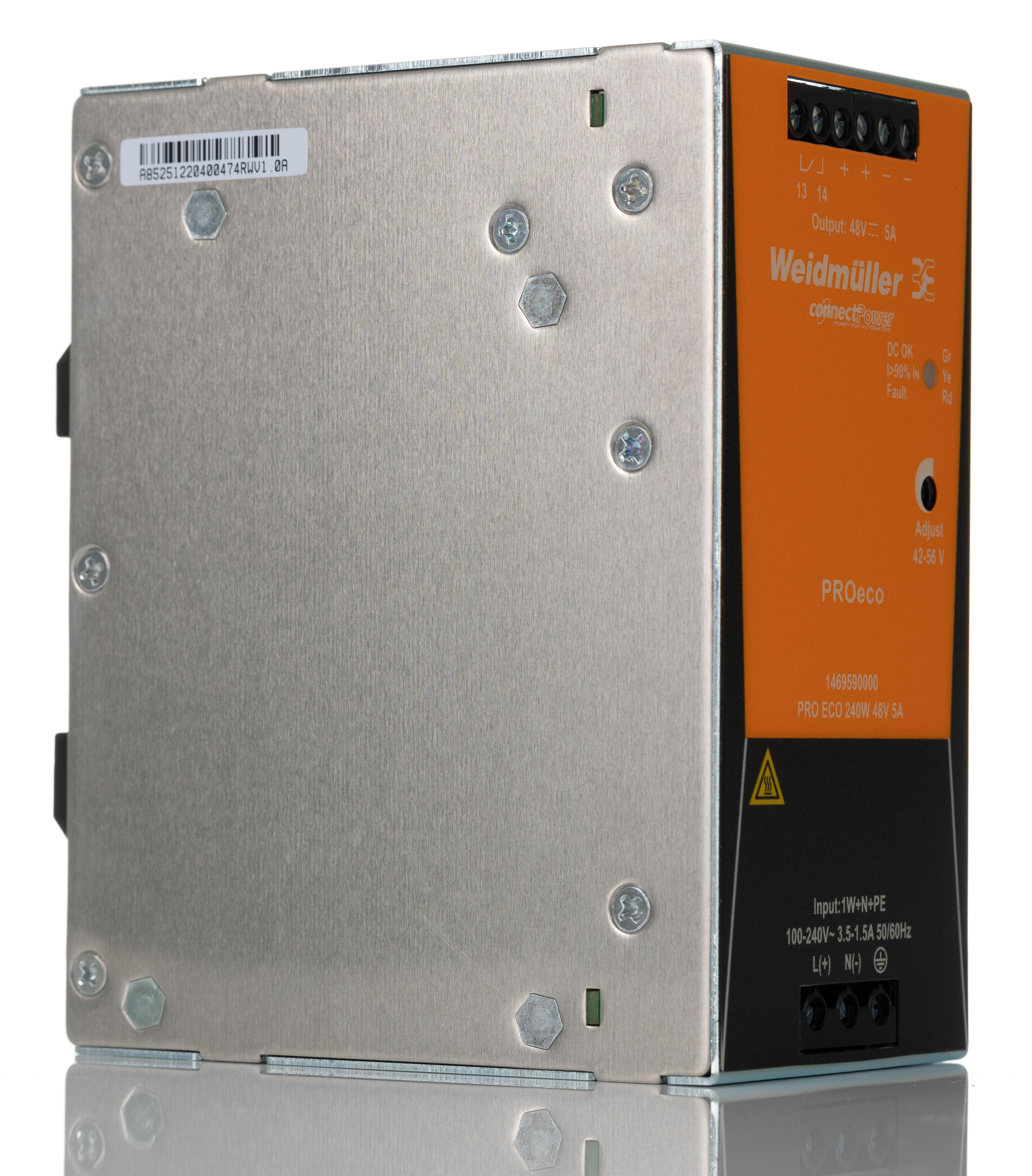 Weidmuller PRO ECO Switched Mode DIN Rail Power Supply, 85 → 264 V ac / 80 → 370V dc ac, dc Input, 48V dc