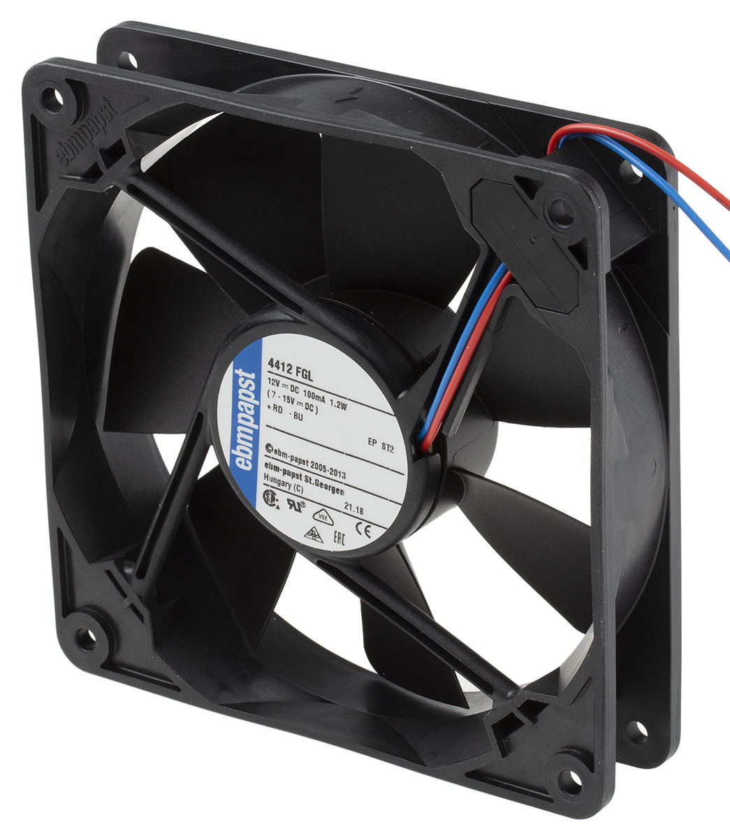ebm-papst 4400 F Series Axial Fan, 12 V dc, DC Operation, 94m³/h, 1.3W, 108mA Max, 119 x 119 x 25mm