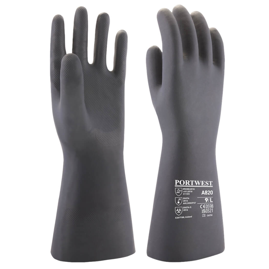 Portwest A820 Black Cotton Cotton, Rubber Work Gloves, Size L